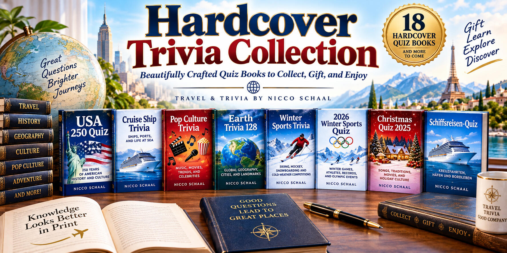 Hardcover Trivia Collection The **Hardcover Collection** includes beautifully designed hardcover quiz books by Nicco Schaal in the Travel & Trivia series.